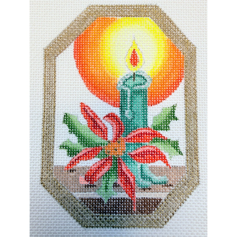 Christmas Candle Poinsettia Hand Painted Needlepoint Canvas Holiday Vintage